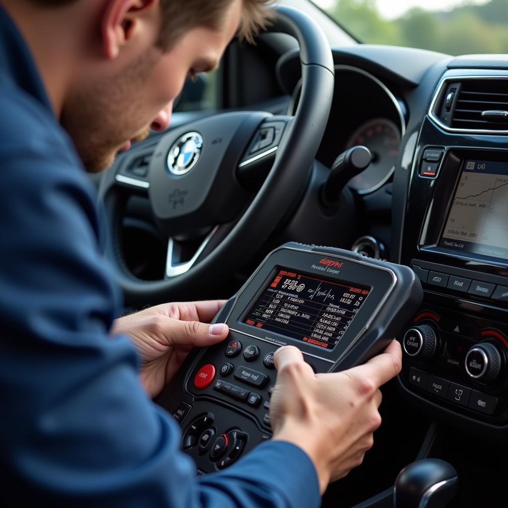 Mechanic using Adelphi diagnostic tool to analyze car engine