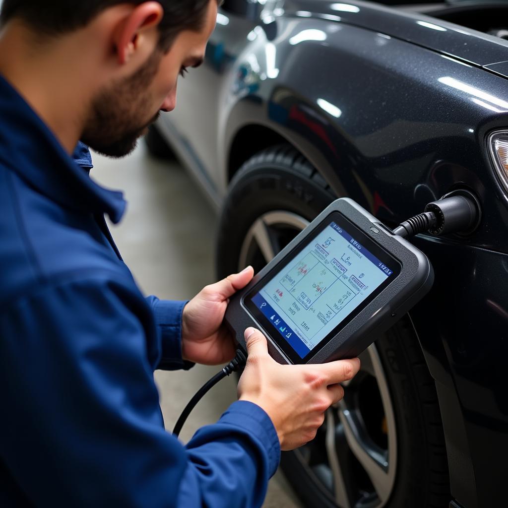 Mechanic Using Advanced Car Diagnostic Tool