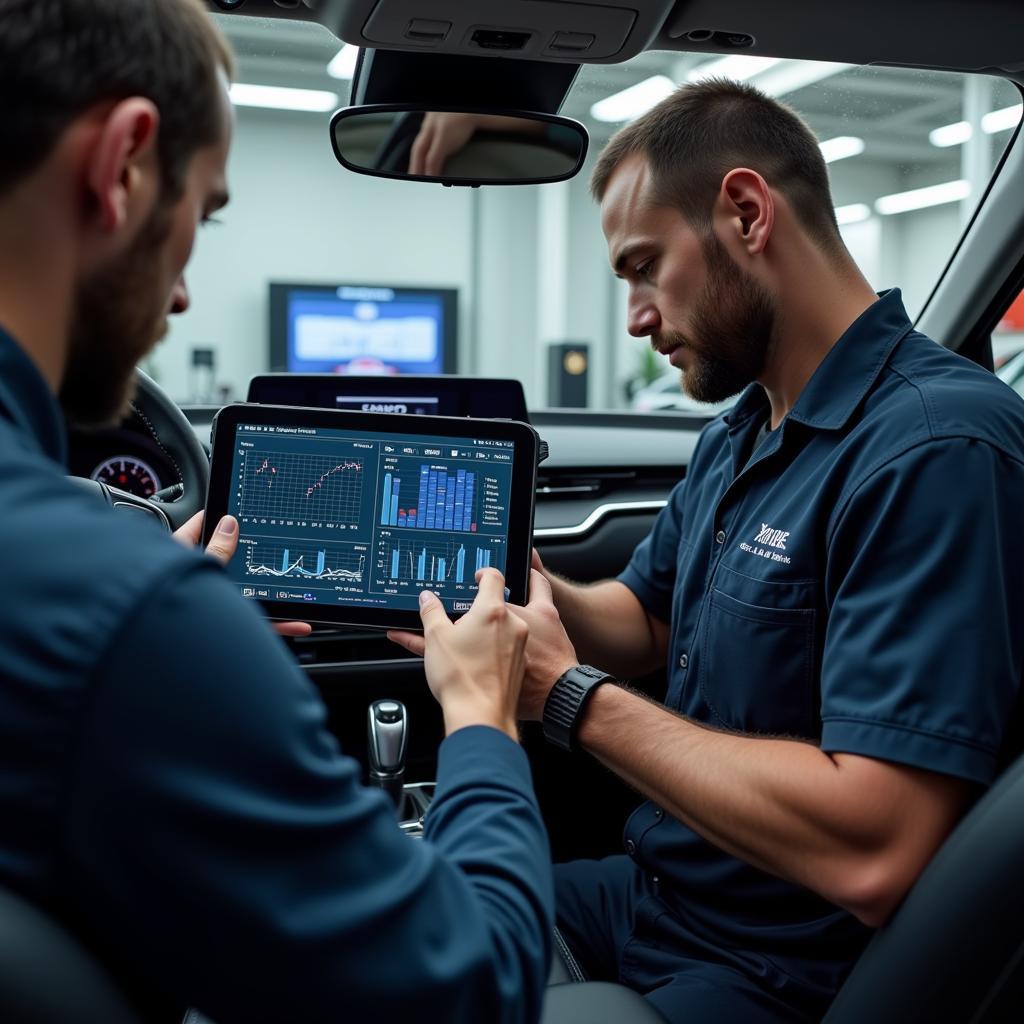 Mechanic using advanced car diagnostic tools