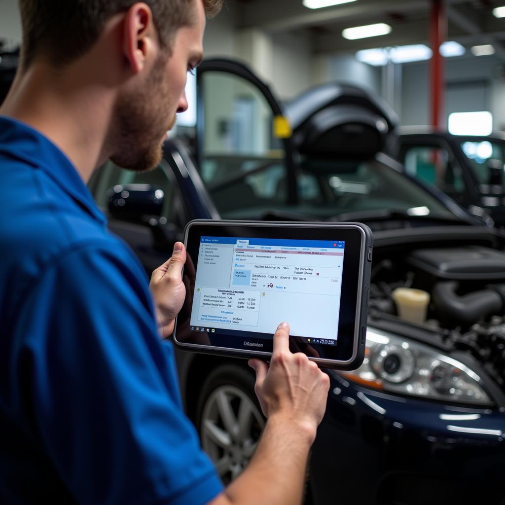 Mechanic using an advanced OBD-II scanner on a vehicle