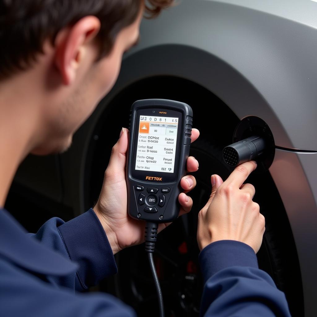 Mechanic using an affordable diagnostic tool to diagnose a car engine