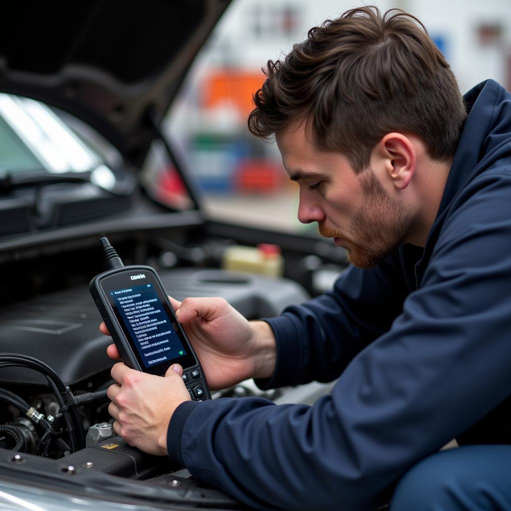 Mechanic using an affordable diagnostic tool to read engine codes