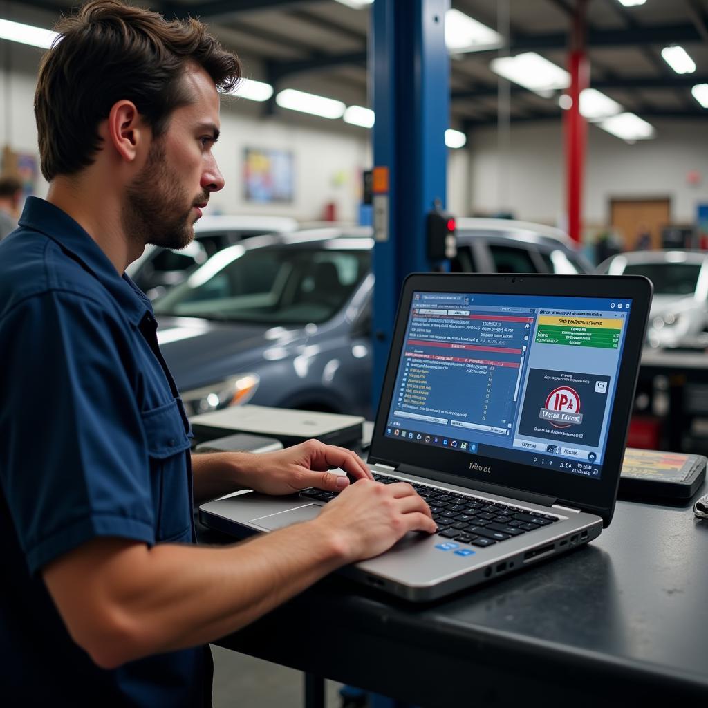 Mechanic using all cars diagnostic software on a laptop