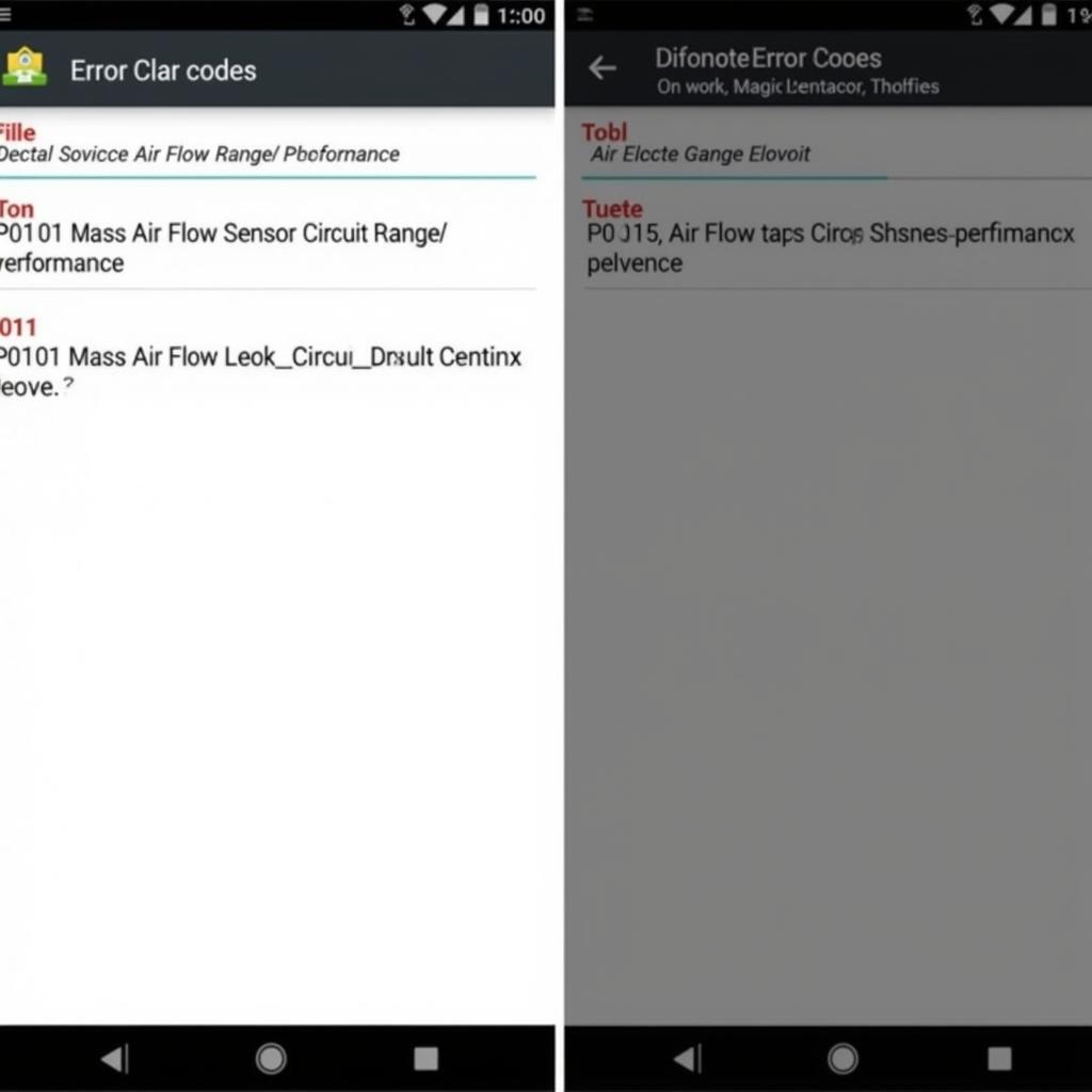 Android Car Diagnostic App Displaying Error Codes