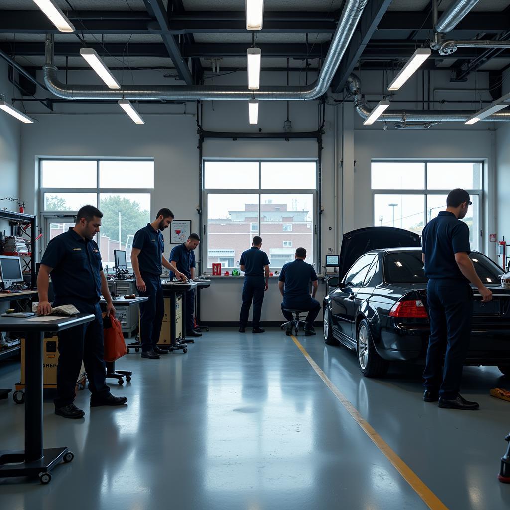 Modern and clean auto repair shop in Atlanta with mechanics working on a vehicle