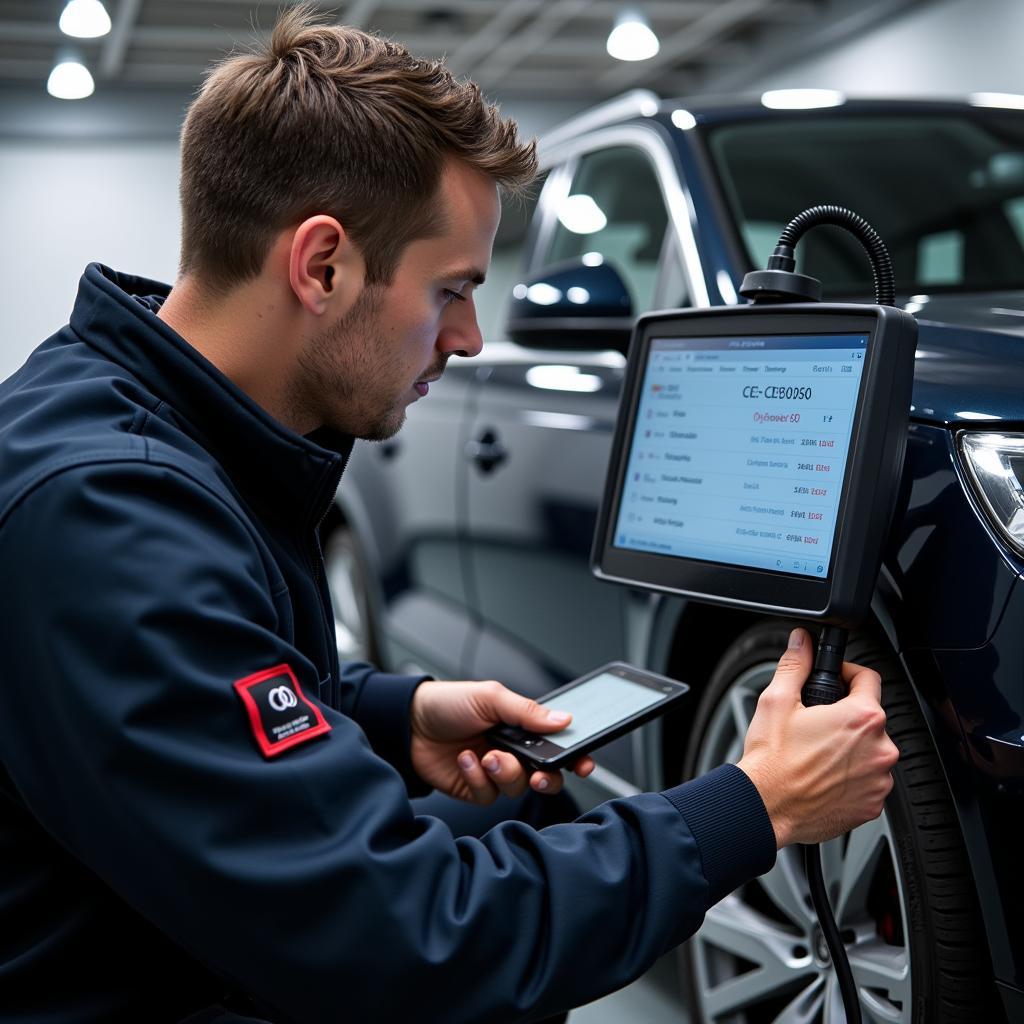 Audi Technician Using Diagnostic Tool