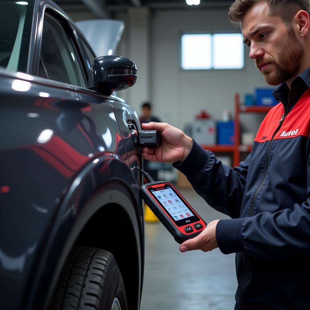 Mechanic using an Autel car diagnostic tool