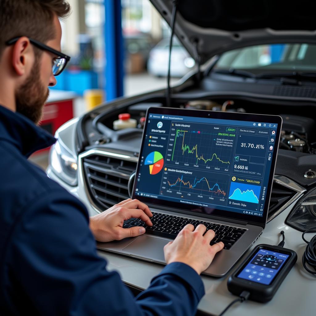 Auto electrician diagnosing linking error with advanced equipment