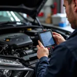 Auto mechanic diagnosing a car engine