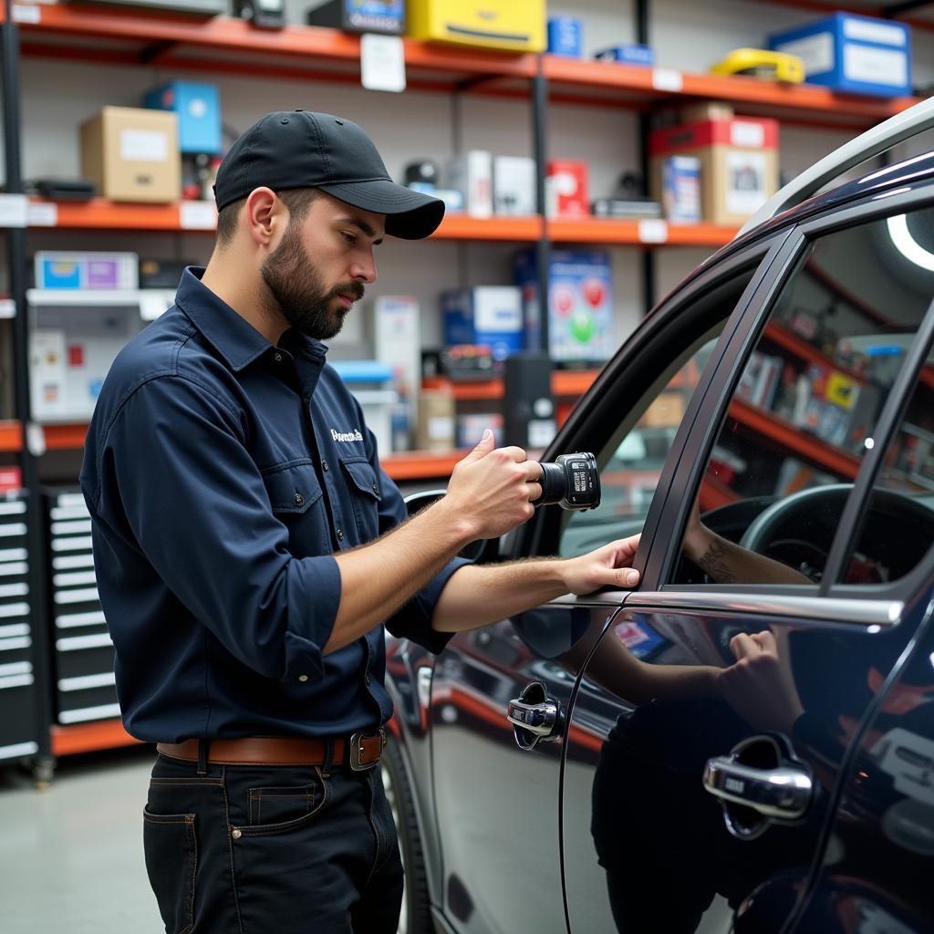 Auto Parts Store Employee Scanning Car