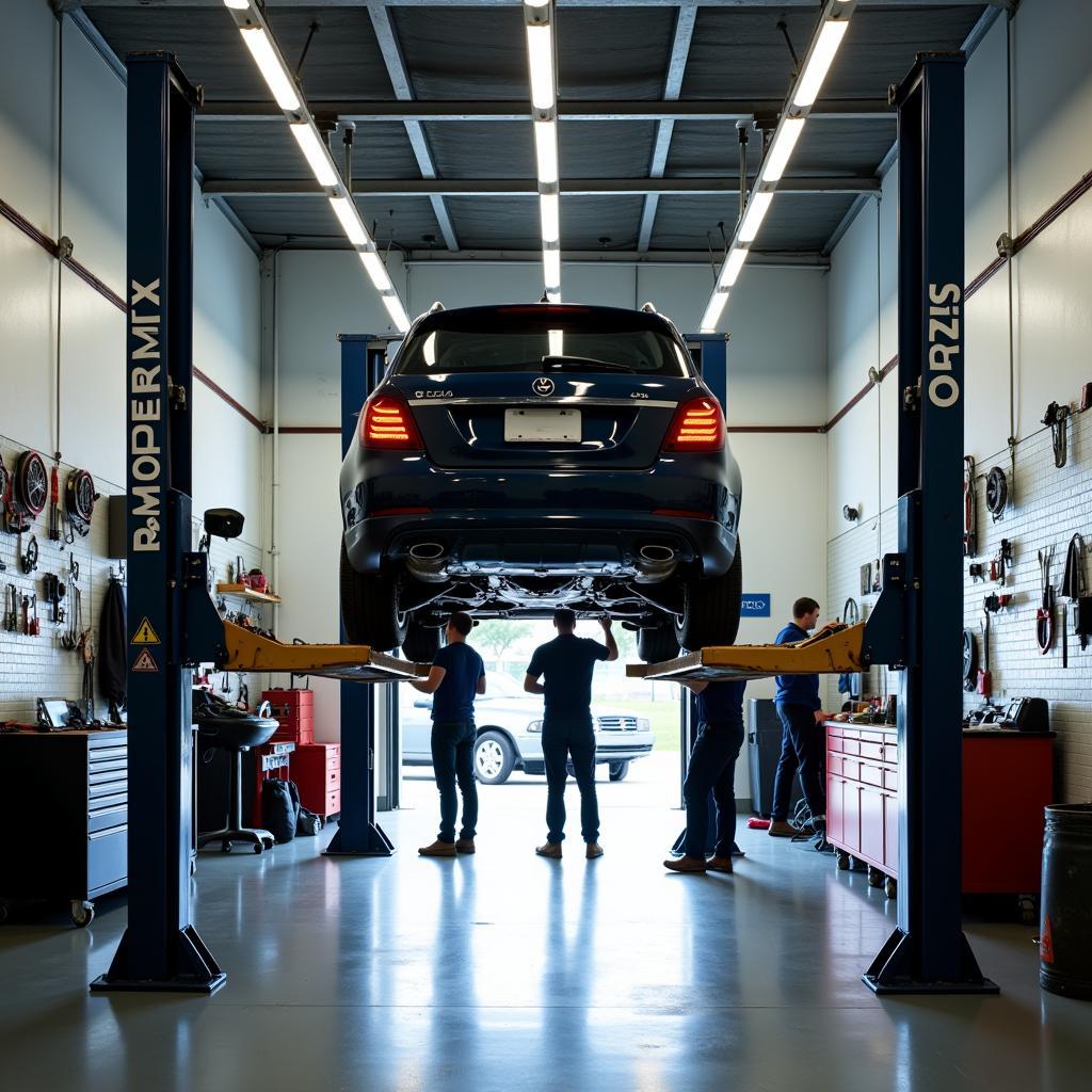 Interior of a busy auto repair shop