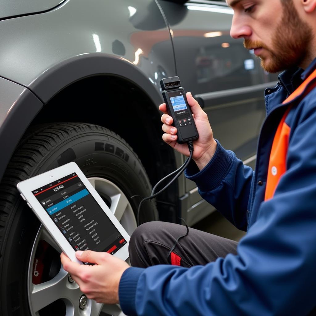 Mechanic Using Auto Tecnik Bluetooth Car Diagnostic Tool