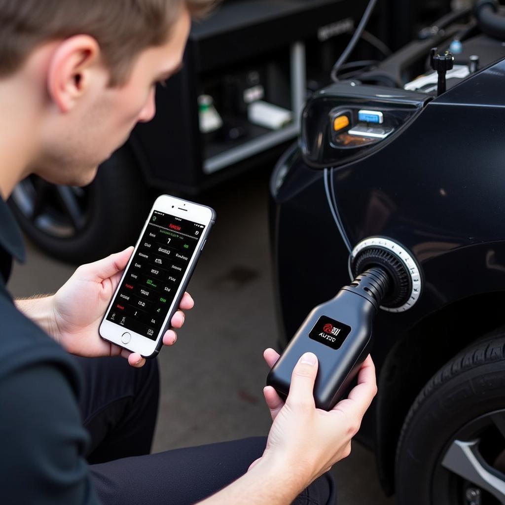 Mechanic using an Auto Tecnik Bluetooth diagnostic tool