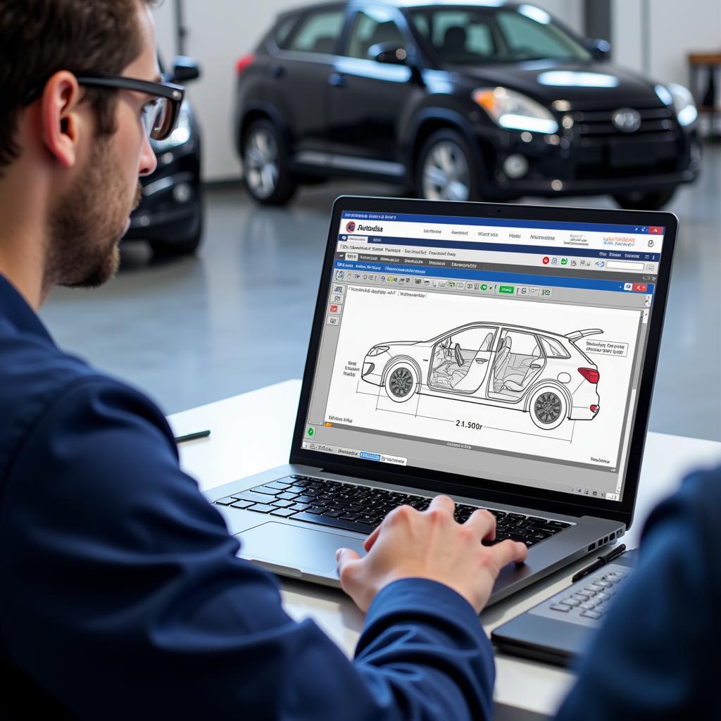 Mechanic using Autodata car diagnostic software on a laptop