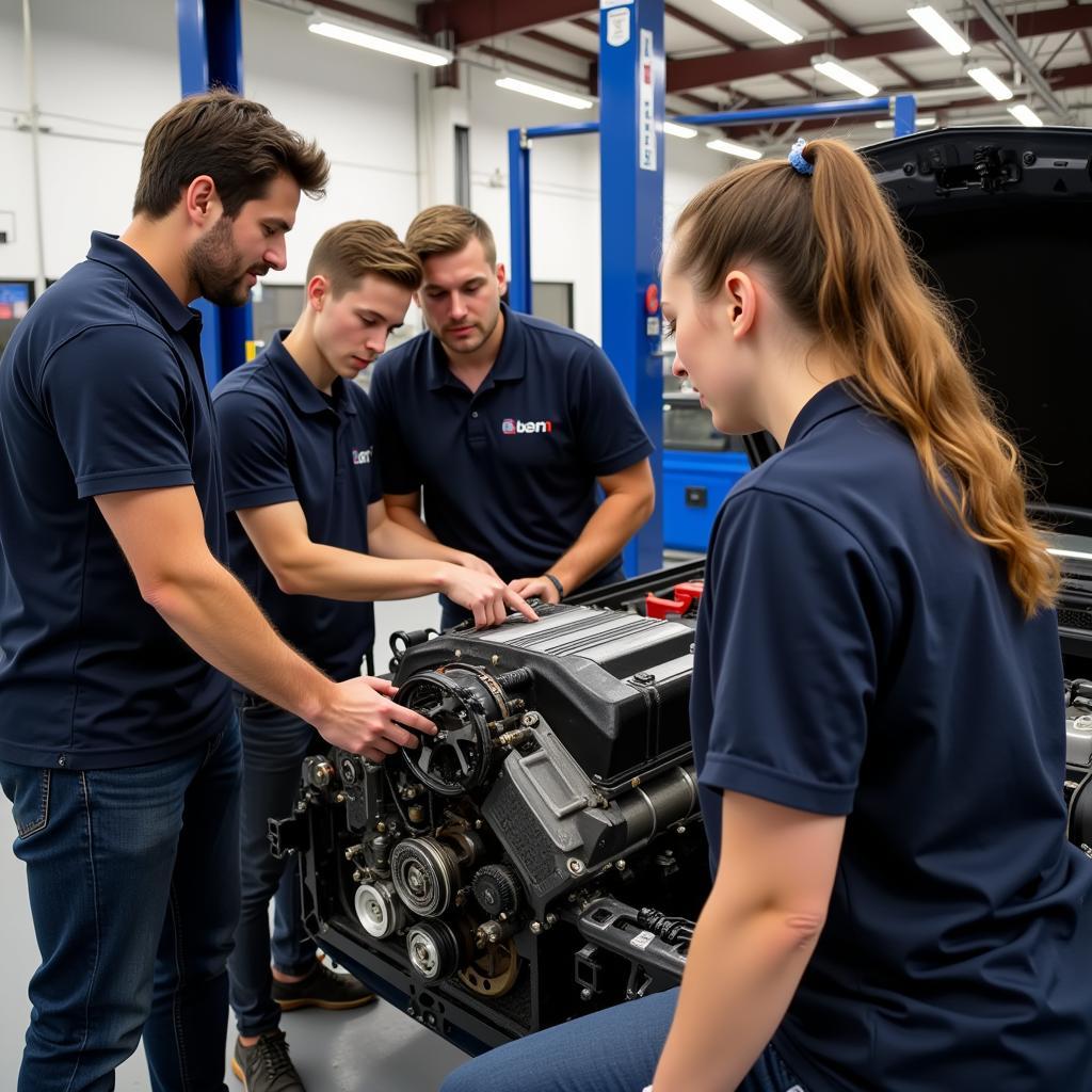 Students working on a car engine in an automotive training program