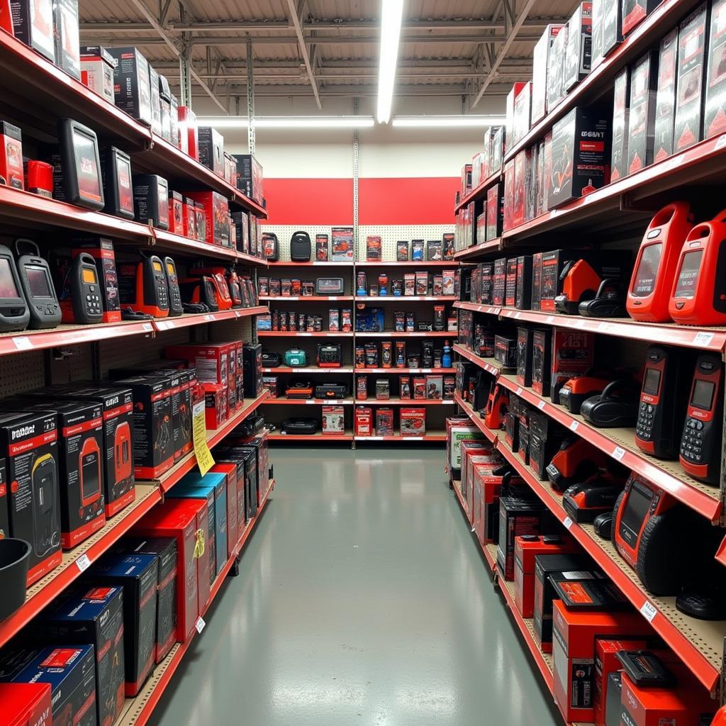 Wide array of car diagnostic tools on display at an AutoZone store.