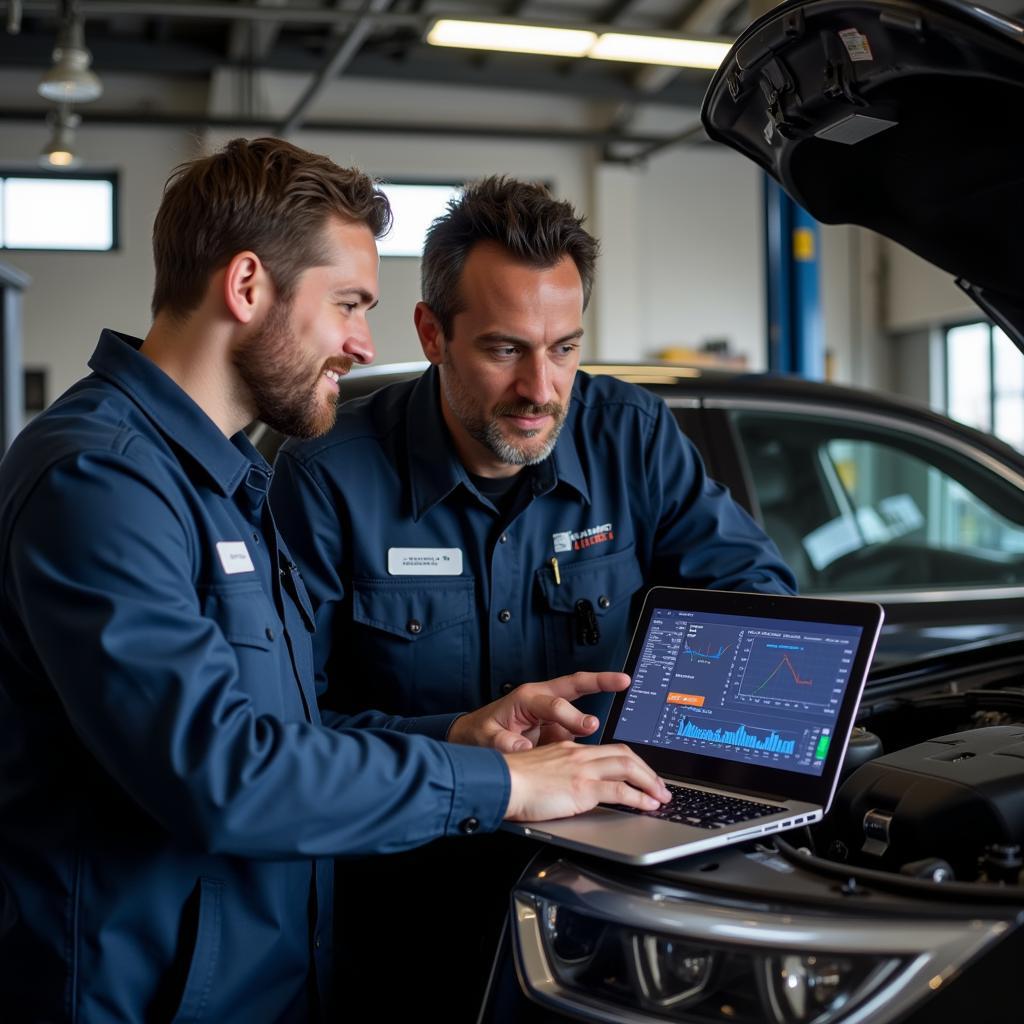 Mechanic Discussing Car Diagnostics with Customer in B33