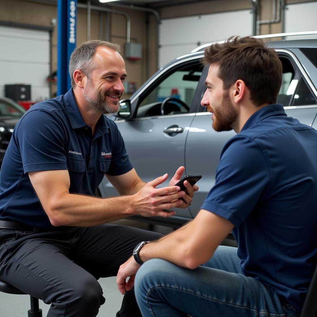 Mechanic in Barnsley explaining car diagnostic results to a customer