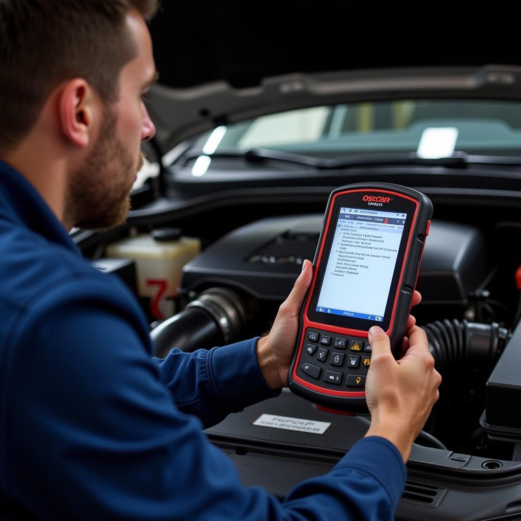 Mechanic Using Oscar Diagnostics on a Vehicle