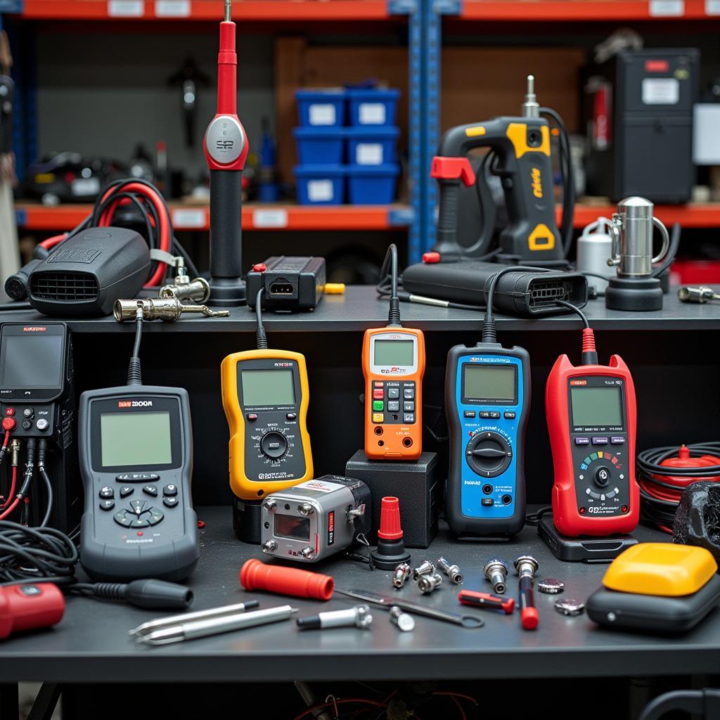 A collection of various car diagnostic tools laid out on a workbench