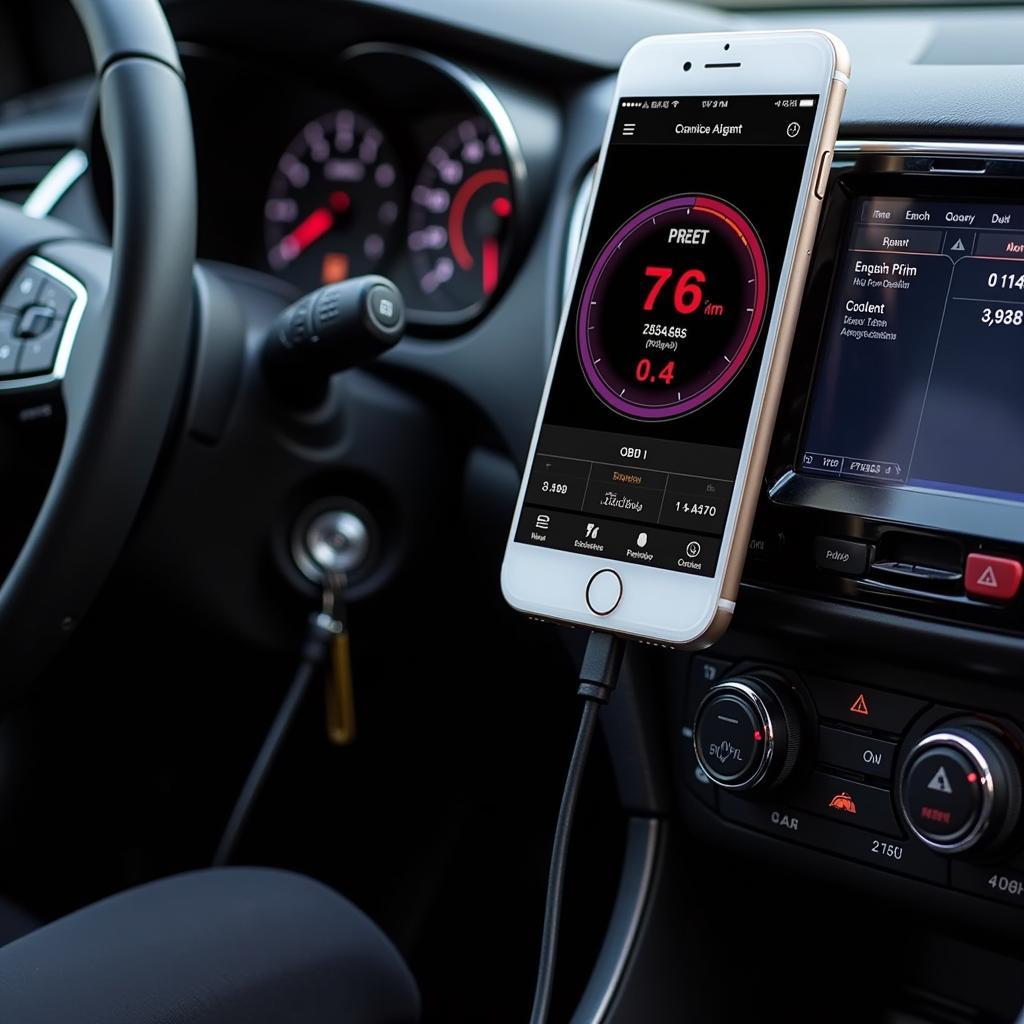 Smartphone connected to a car's OBD-II port with a diagnostic app