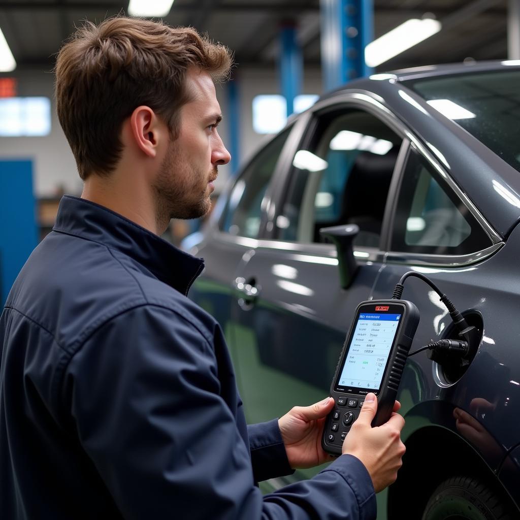 Mechanic using a diagnostic tool on a car in a workshop