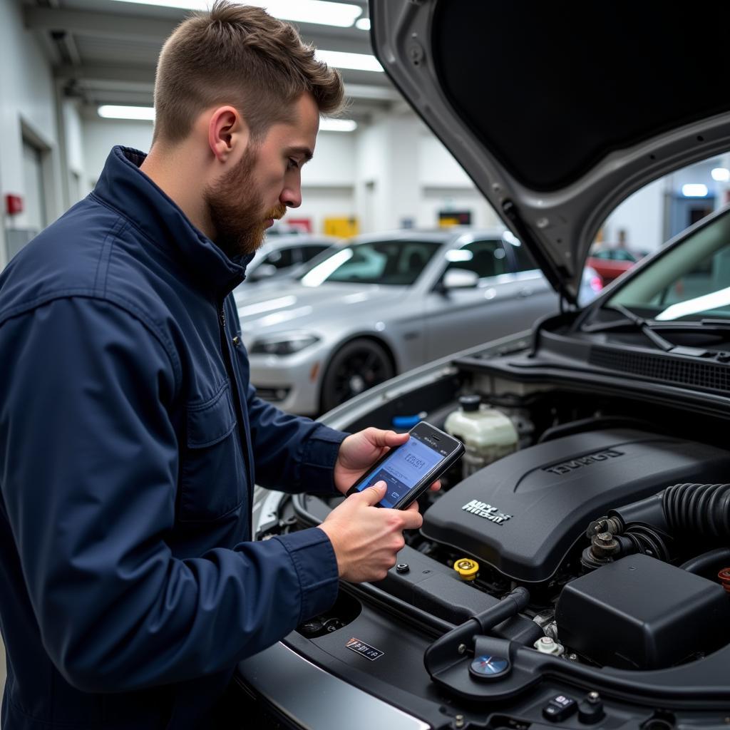 Mechanic using the best bluetooth car diagnostic tool UK to diagnose engine issue