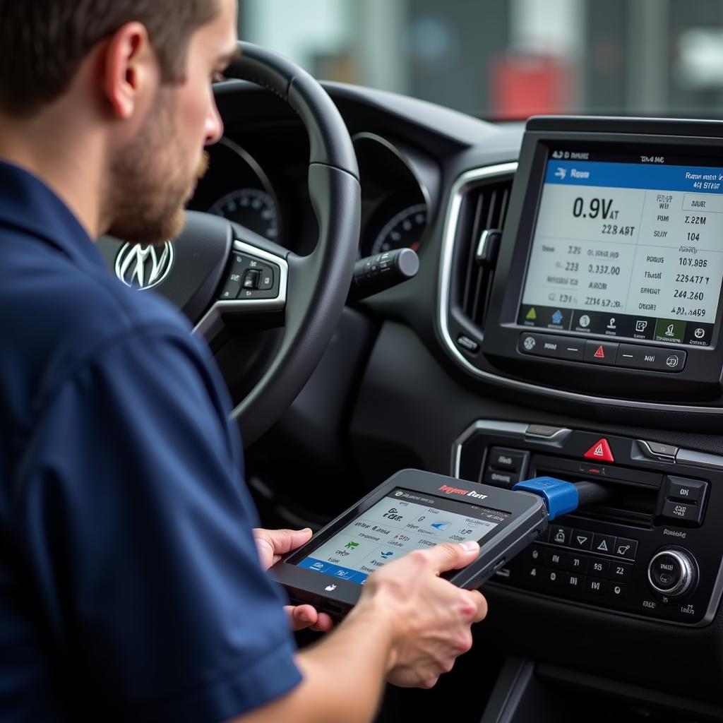 Mechanic using a diagnostic computer to diagnose a car.