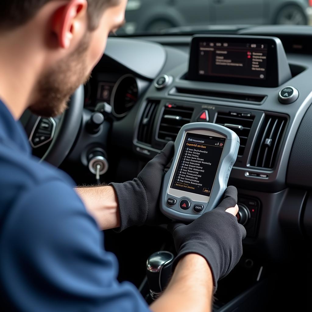 Mechanic using a best car diagnostic kit to troubleshoot a vehicle.