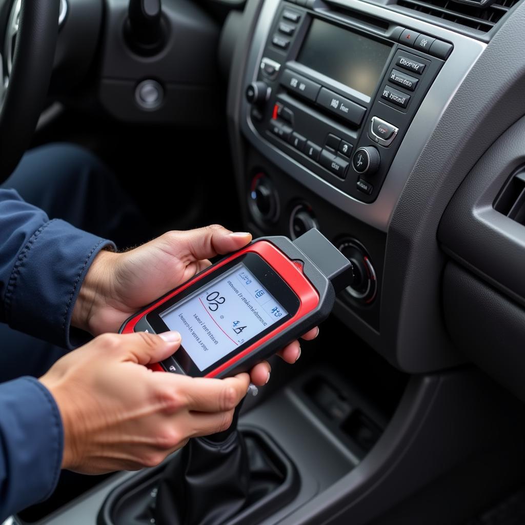 Mechanic using a car diagnostic scanner