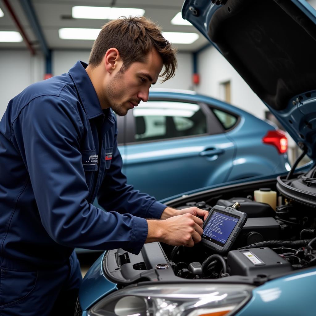 Mechanic using a car diagnostic scanner