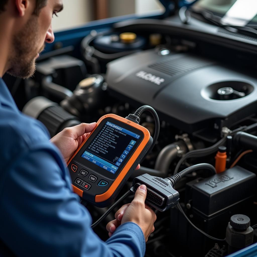 Mechanic using the best car diagnostic scanner to diagnose engine problems