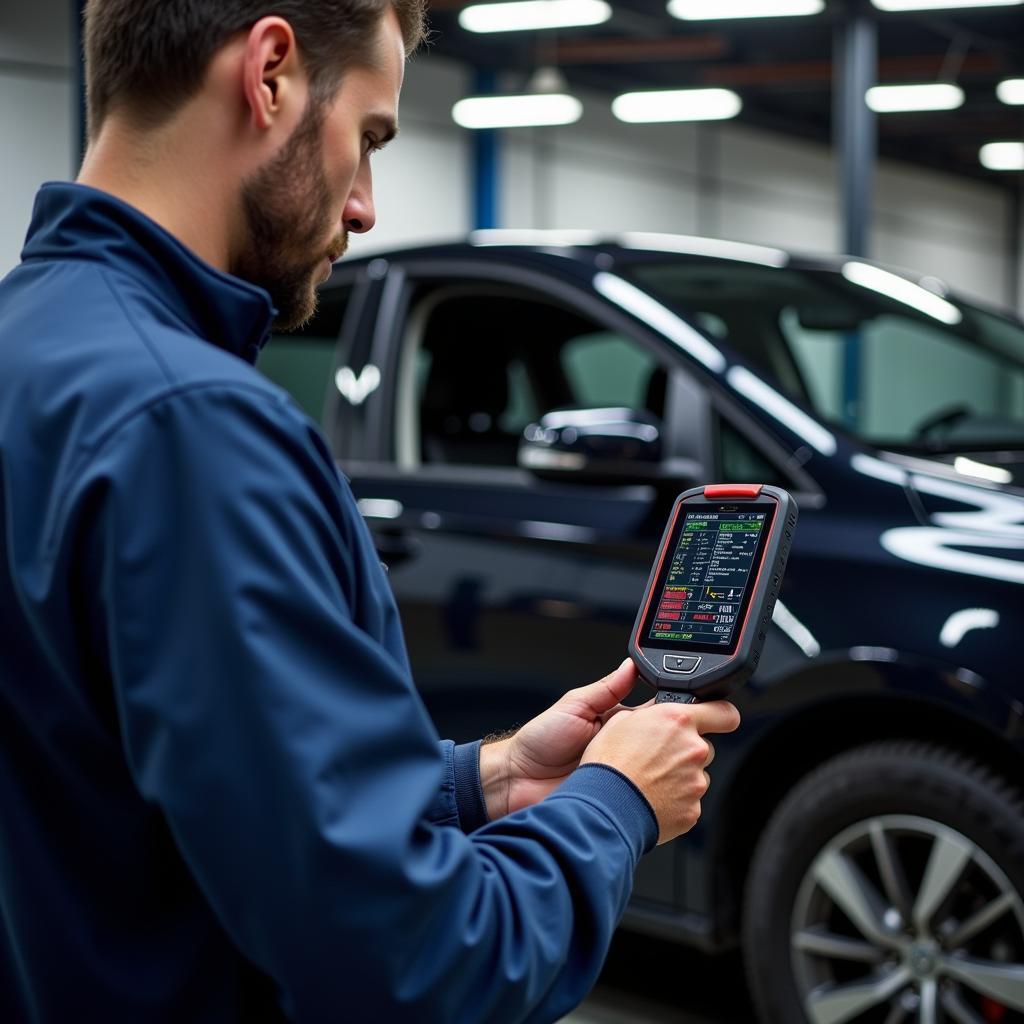 Mechanic using a professional car diagnostic scanner to troubleshoot a vehicle