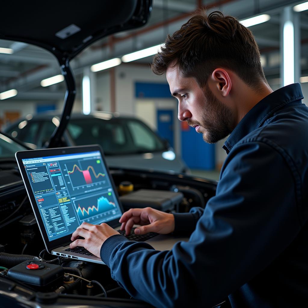 Mechanic using car diagnostic software on a laptop