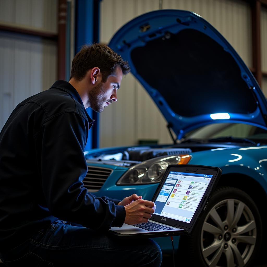 Mechanic using car diagnostic software on a laptop