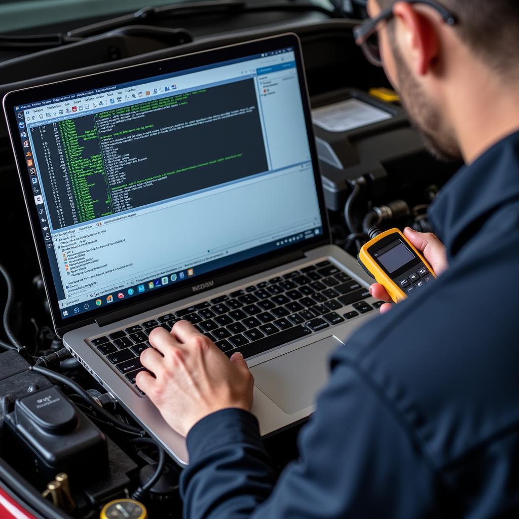 Mechanic using car diagnostic software