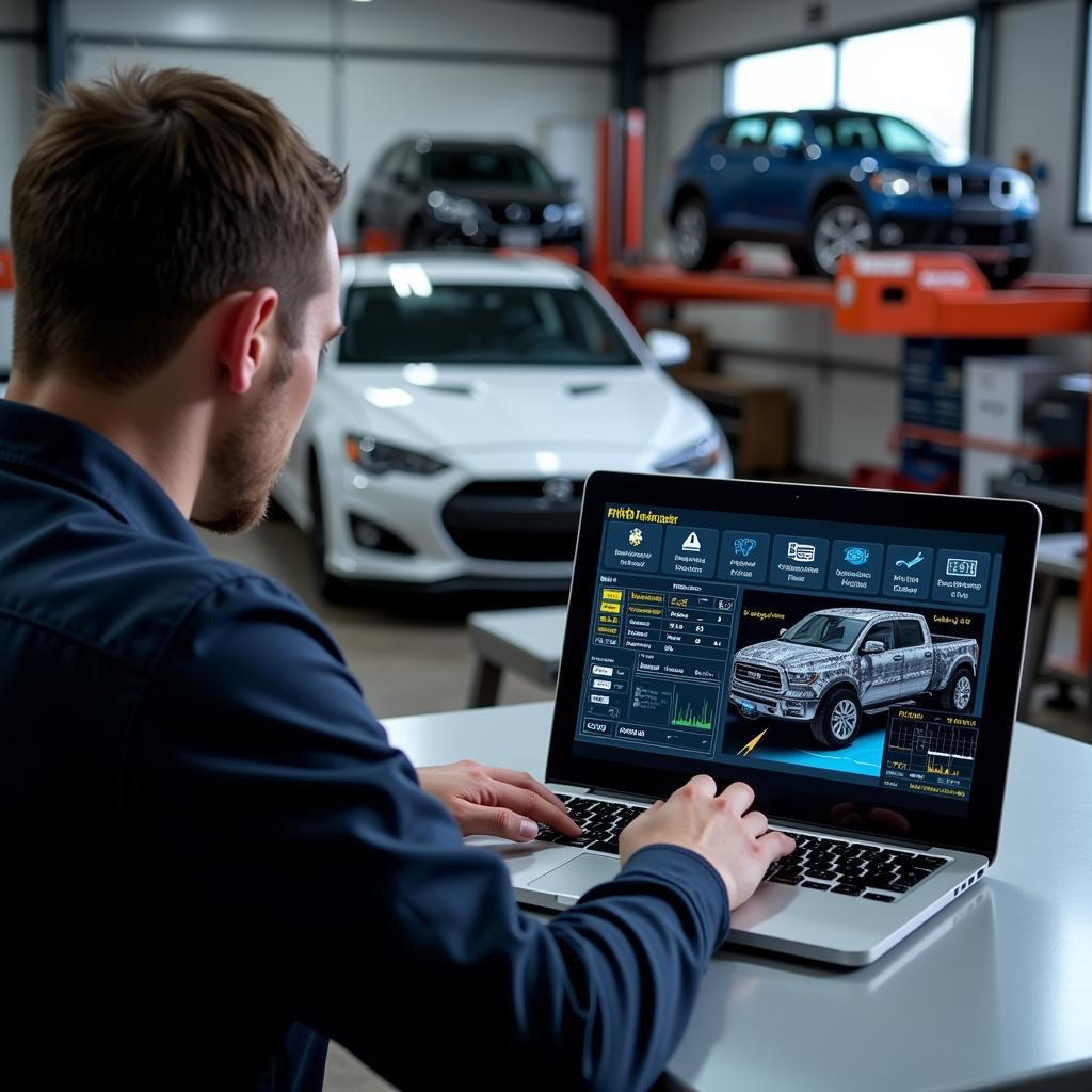 Mechanic using best car diagnostic software on a laptop