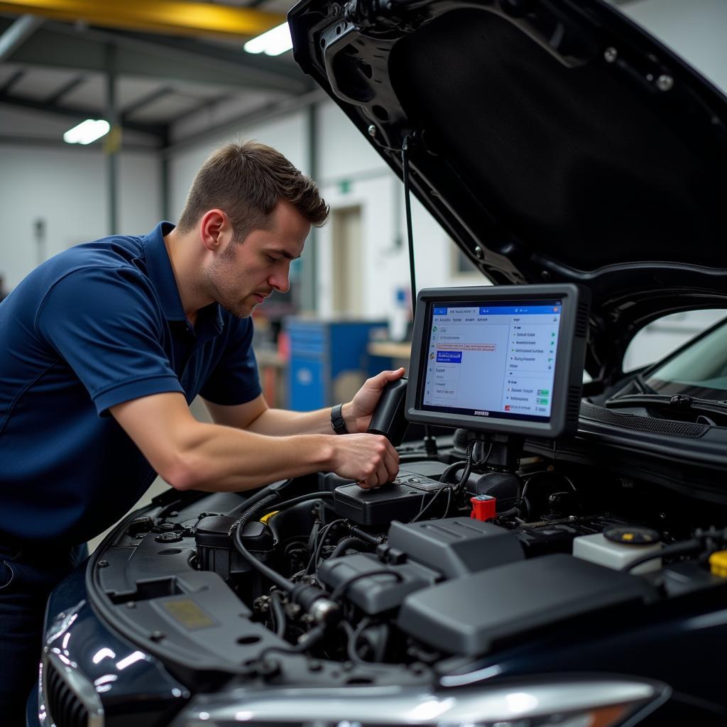 Mechanic using a car diagnostic tool to diagnose aircon fault