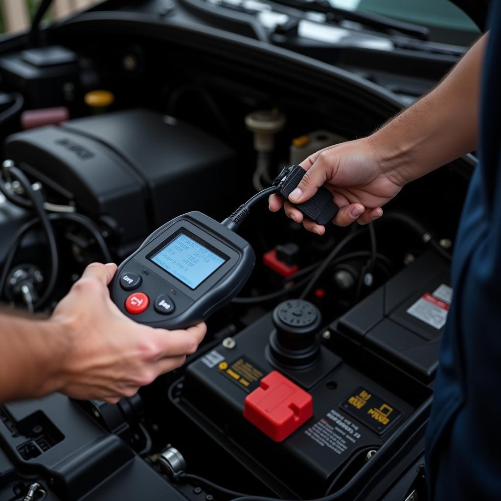 Mechanic connecting a diagnostic tool to a car