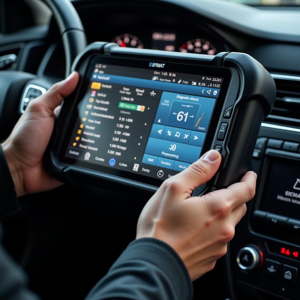 Mechanic using a high-tech car diagnostic tool