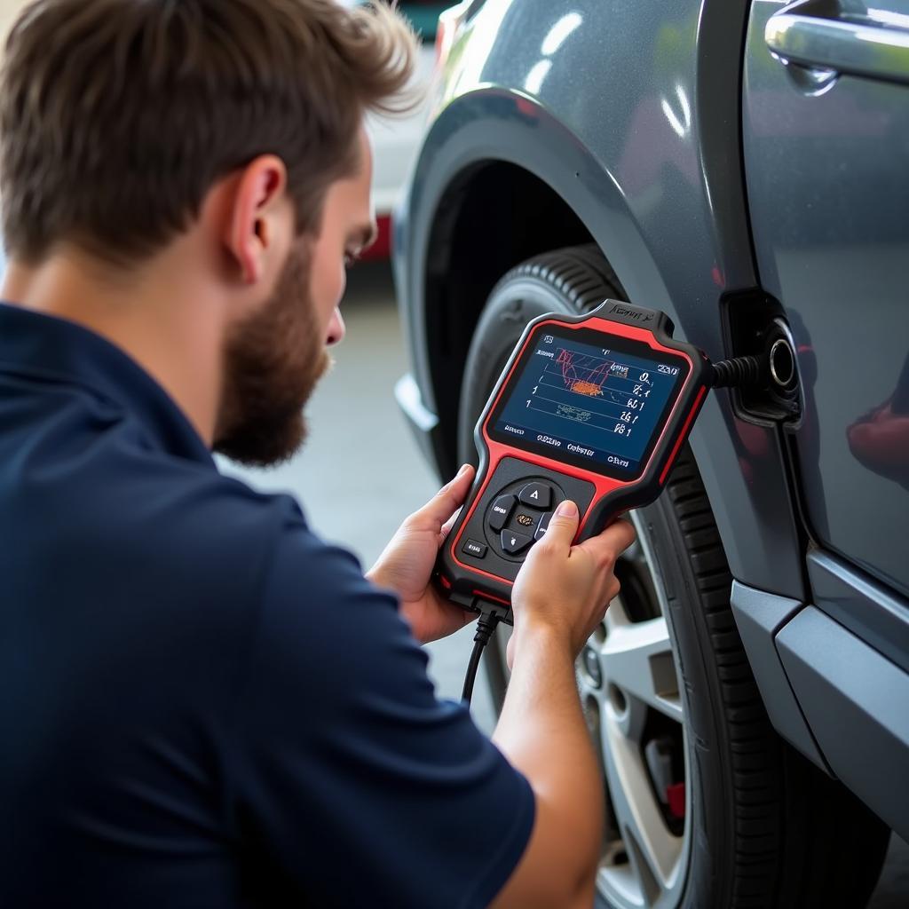 Mechanic using a best car diagnostic tool to diagnose a car problem