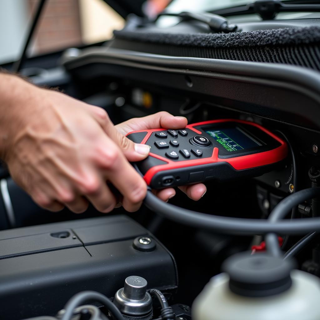 Mechanic using a car diagnostic tool