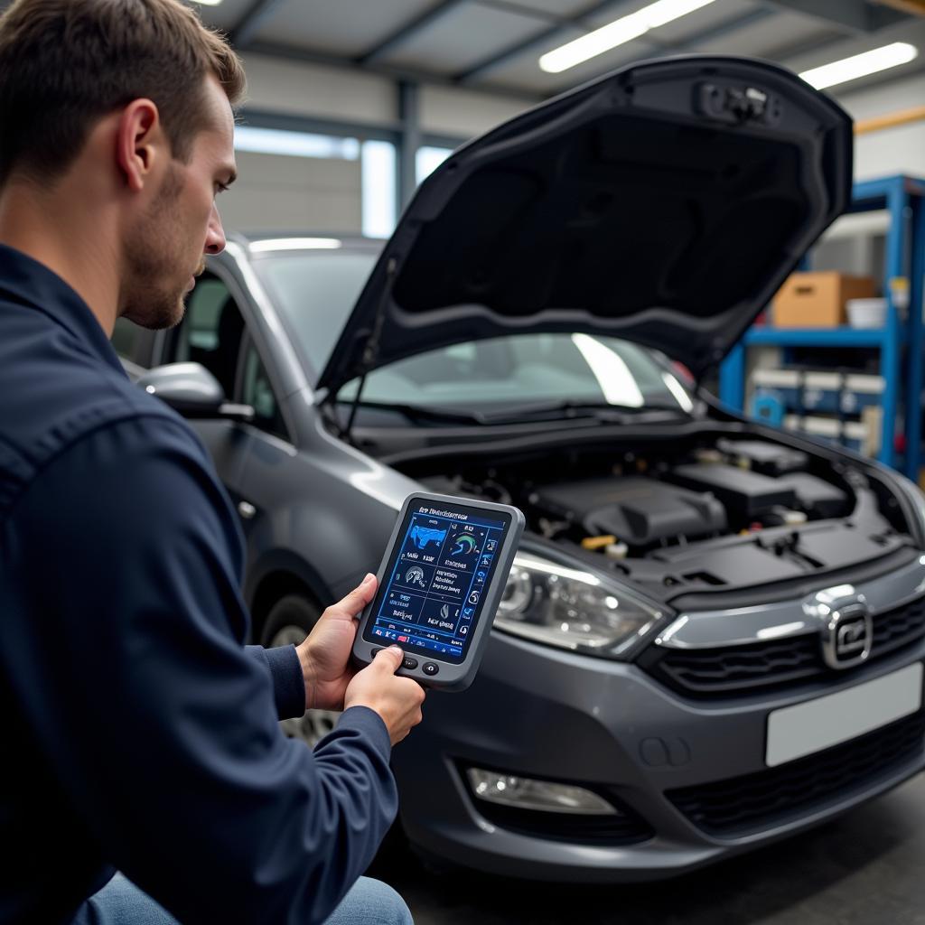 Mechanic using a car diagnostic tool in a garage