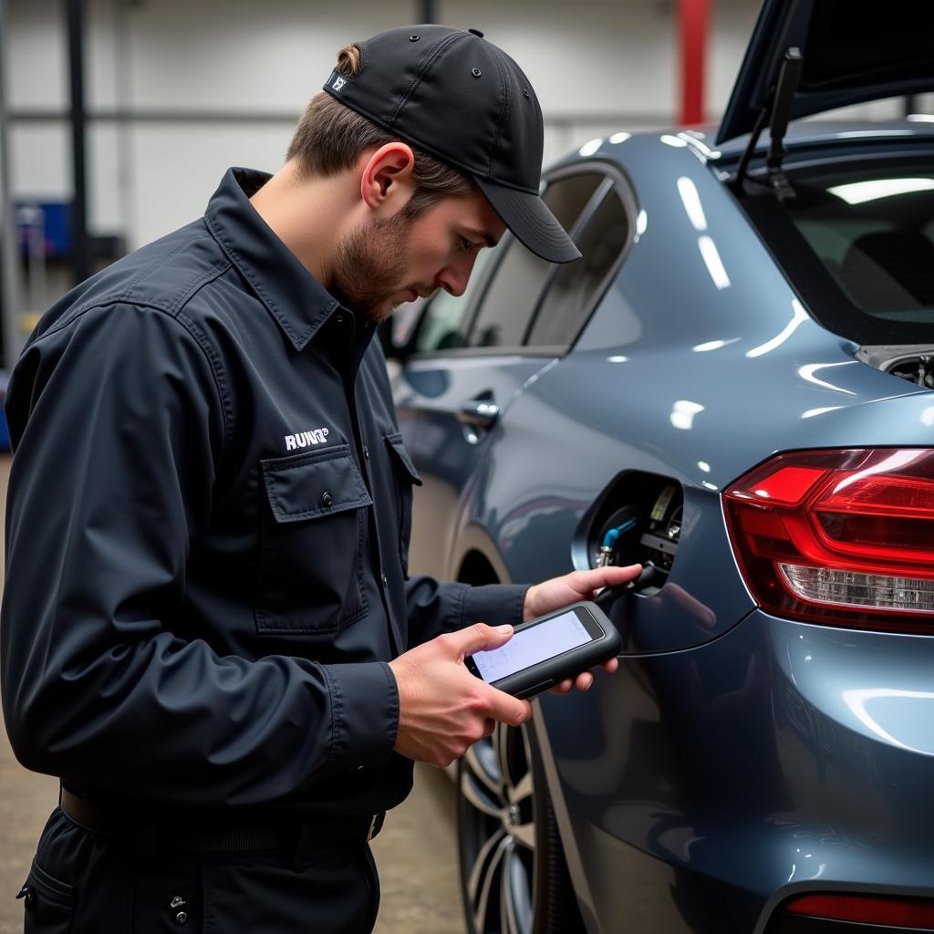 Mechanic using a car diagnostic tool