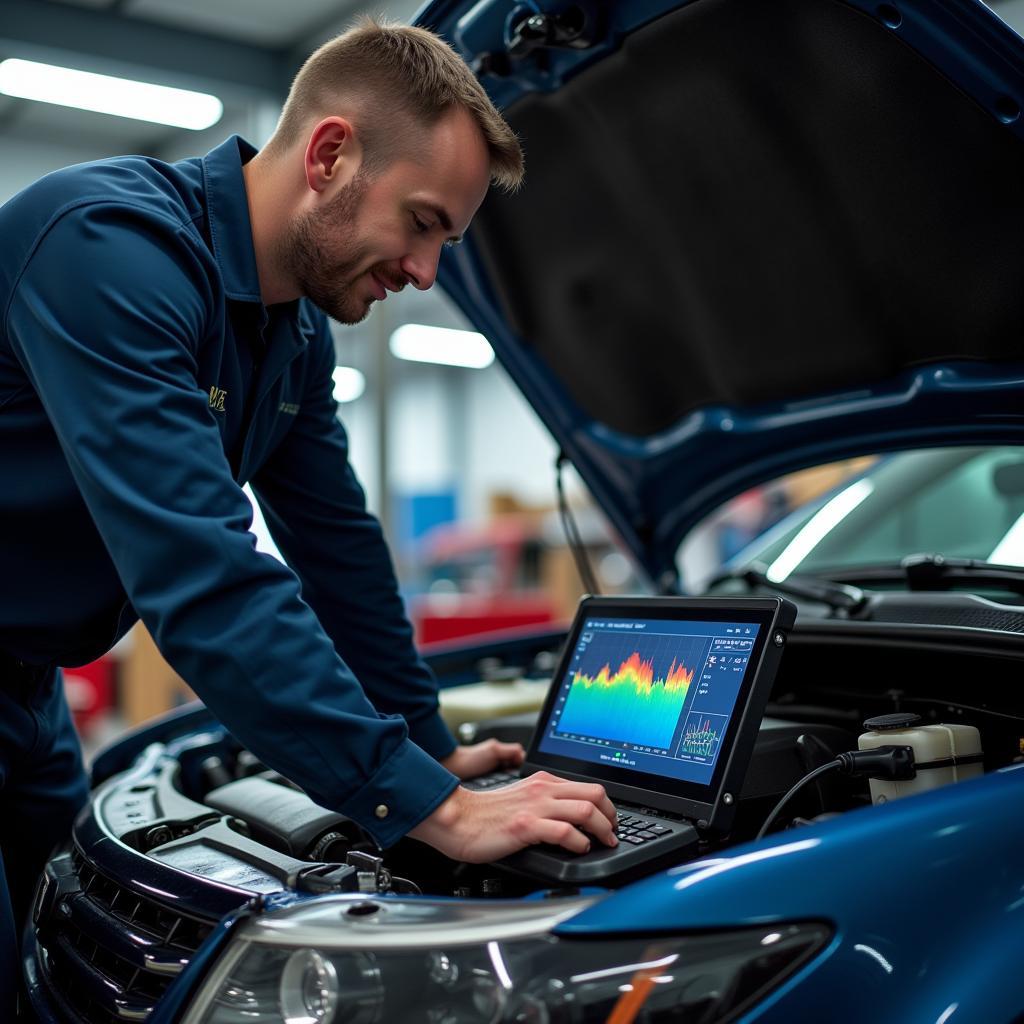 Mechanic using a car diagnostic tool