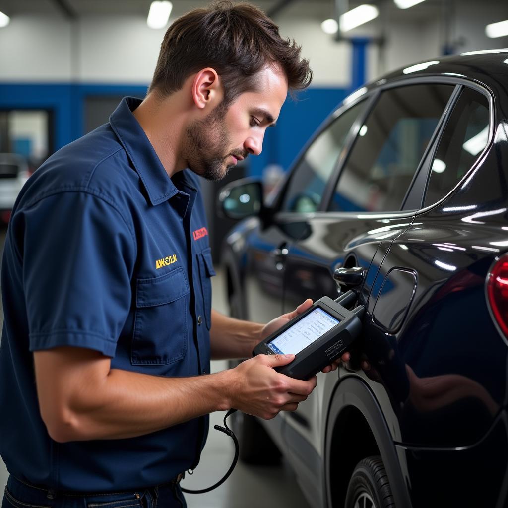 Mechanic using a car diagnostic tool to diagnose a vehicle.