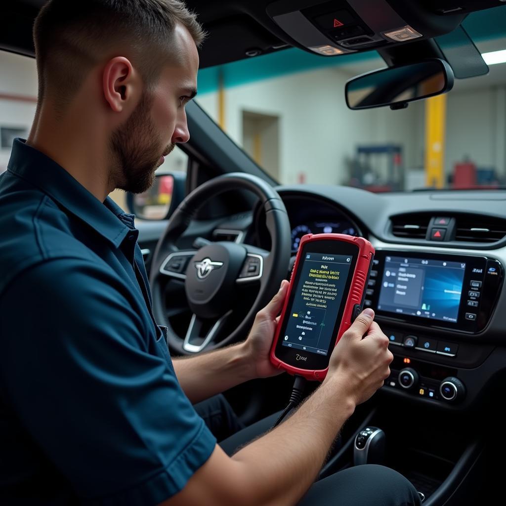 Mechanic using a diagnostic car tool