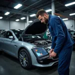 Mechanic using a diagnostic computer to check a car engine