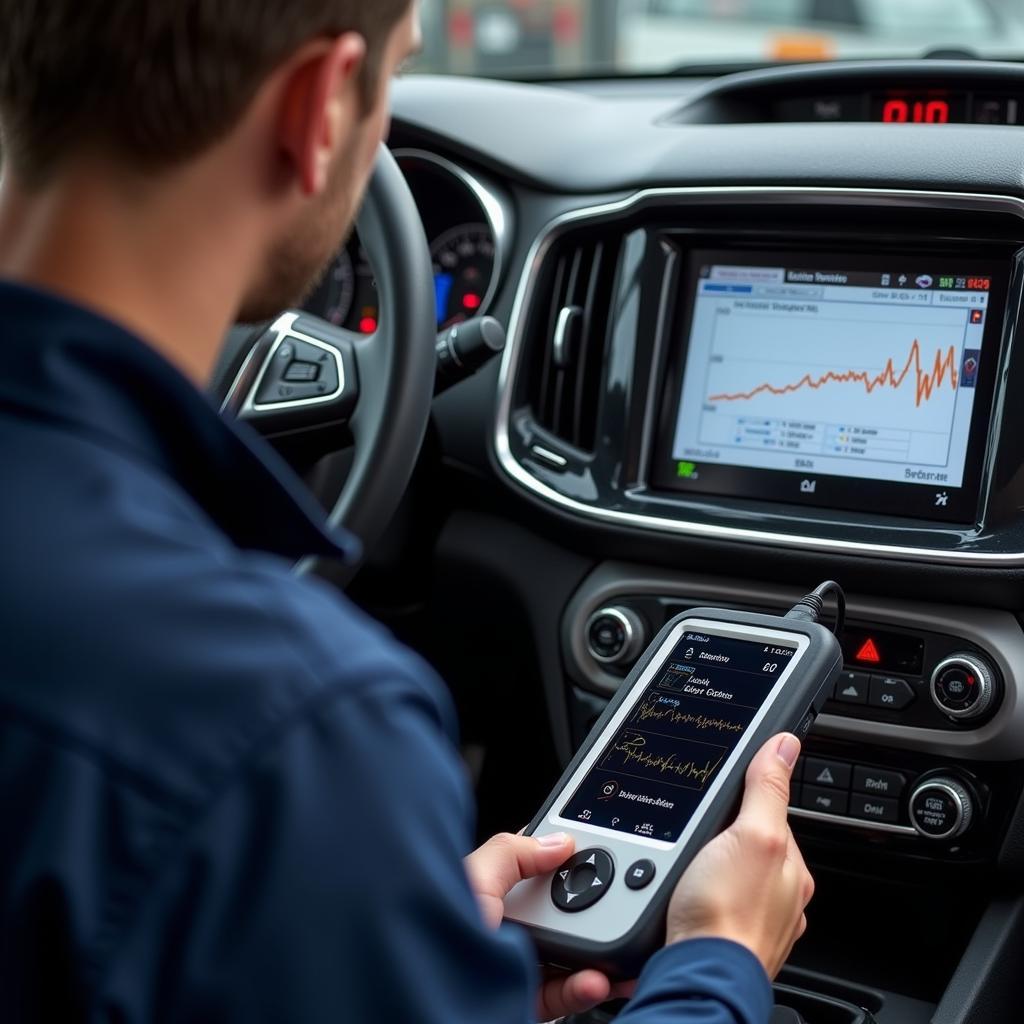 Mechanic using a diagnostic tool on a car