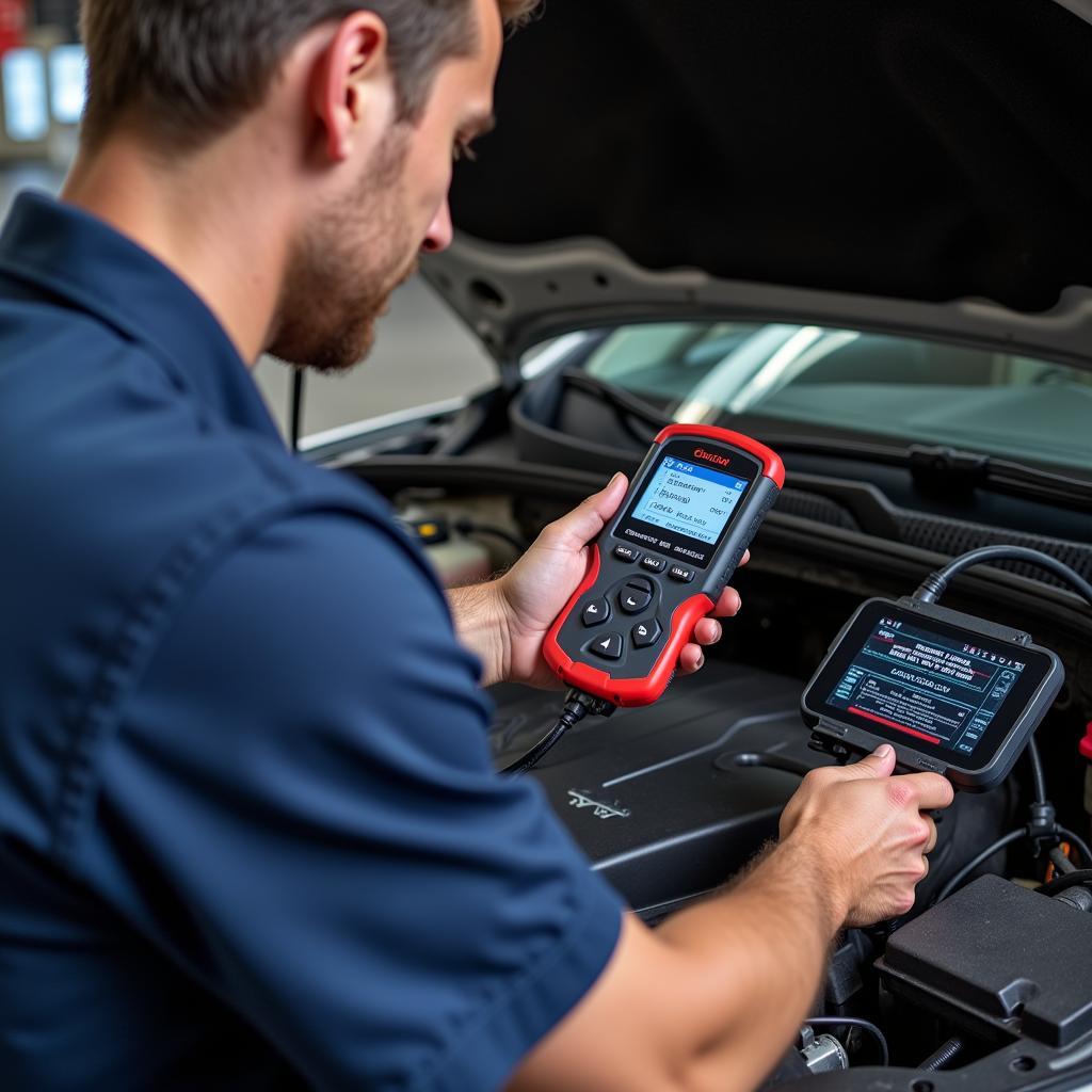 Mechanic using a diagnostic tool on a car engine